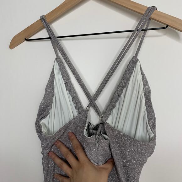 Patbo Lurex Cut Out Maxi Lace Up Dress Silver Sparkle Womens Glamorous Size 10 - Picture 12 of 16